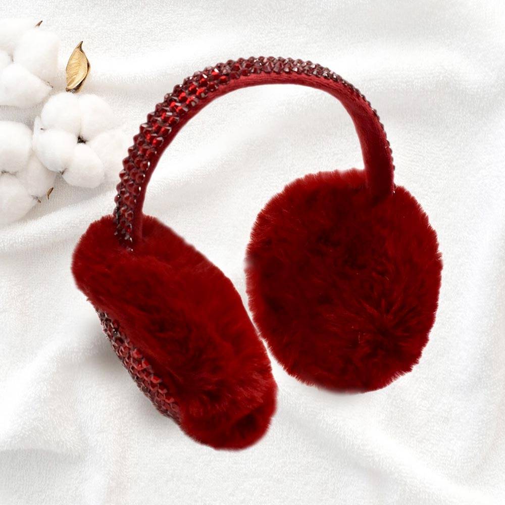 Burgundy Studded Fluffy Plush Fur Foldable Earmuff - M H W ACCESSORIES LLC