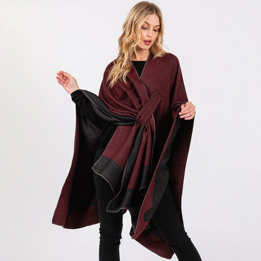 Burgundy Two Tone Pull Through Shawl Ruana Poncho - M H W ACCESSORIES LLC
