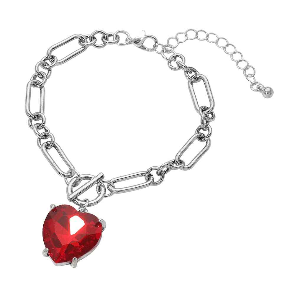 Silver Chunky Red Heart Cluster Toggle Charm Bracelet