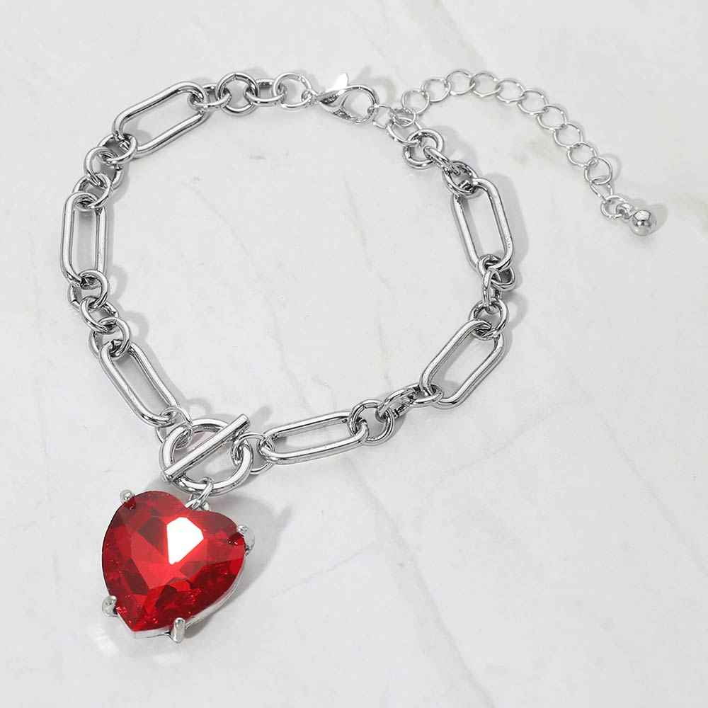 Silver Chunky Red Heart Cluster Toggle Charm Bracelet