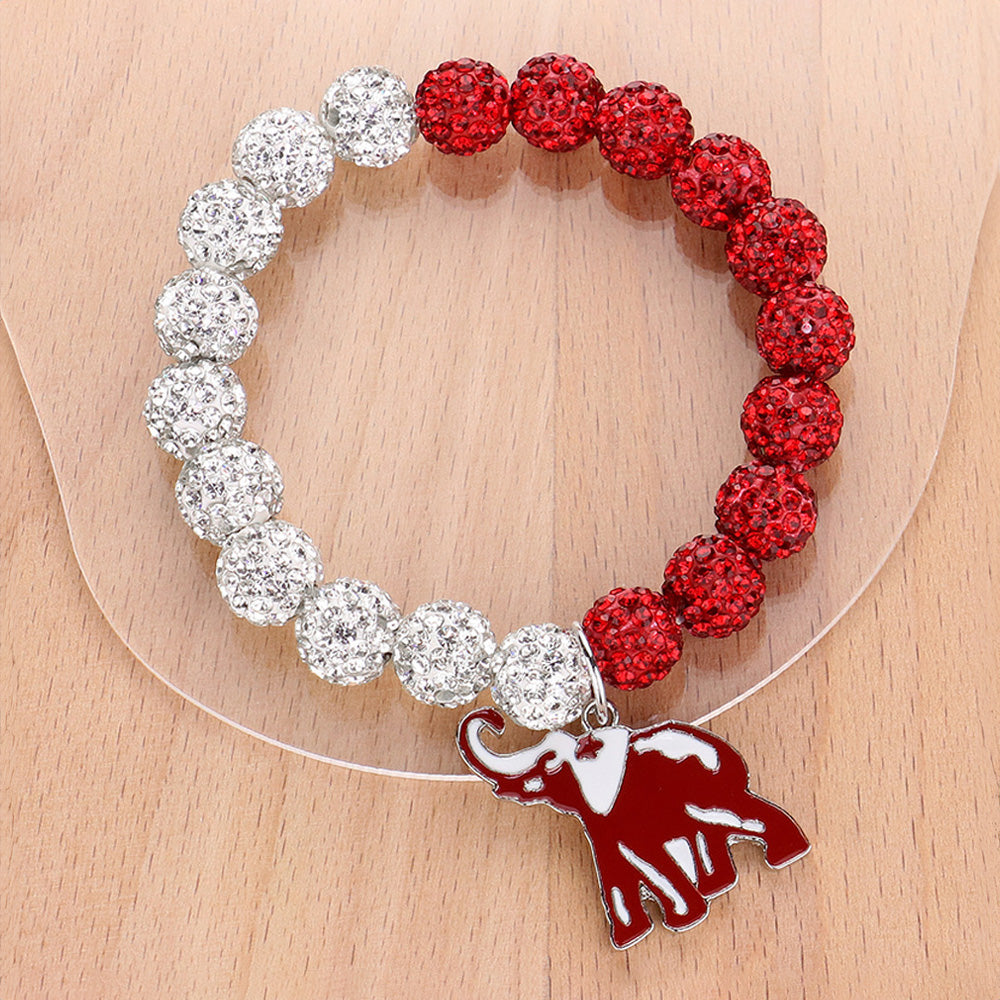 Red and White Elephant Charm Pointed Shamballa Ball Beaded Stretch Bracelet