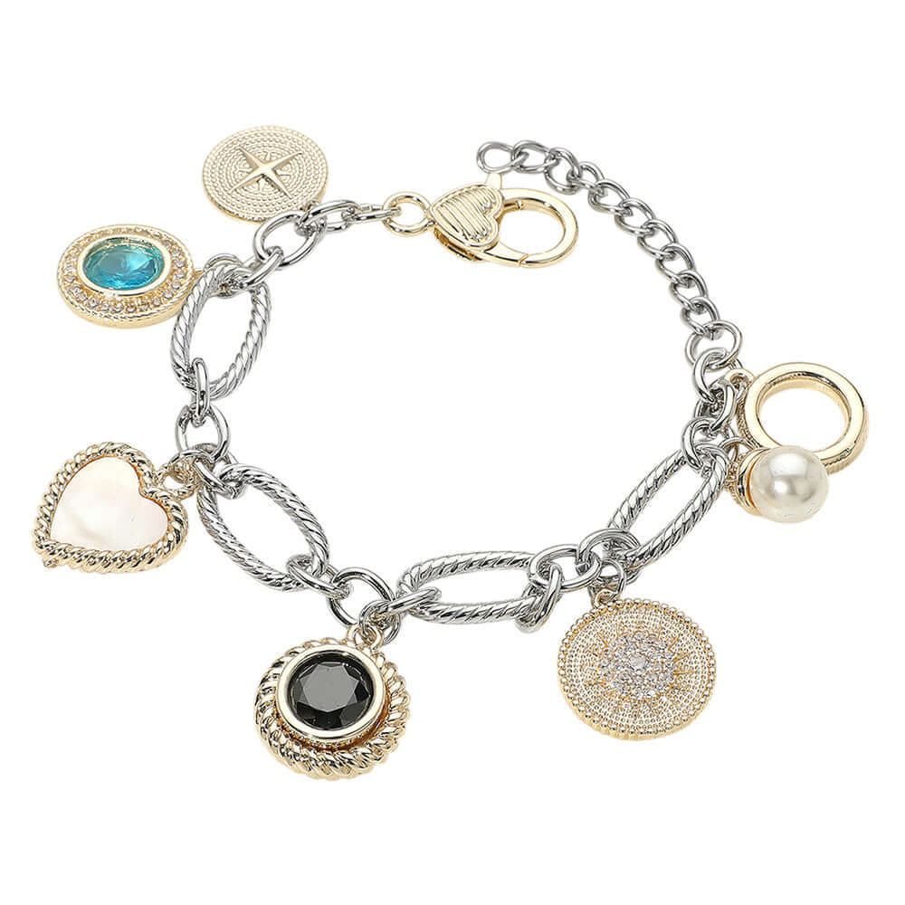 14K Gold Plated Two Tone Mother of Pearl Heart Pearl Color CZ Charm Station Bracelet