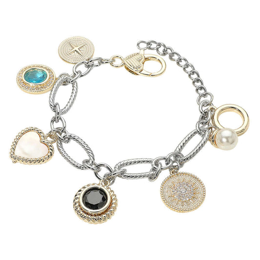 14K Gold Plated Two Tone Mother of Pearl Heart Pearl Color CZ Charm Station Bracelet