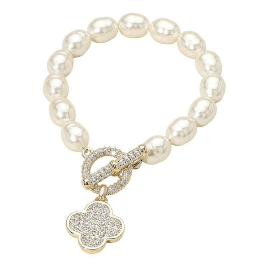 14K Gold Plated CZ Paved Quatrefoil Charm Accent Pearl Bead Bracelet
