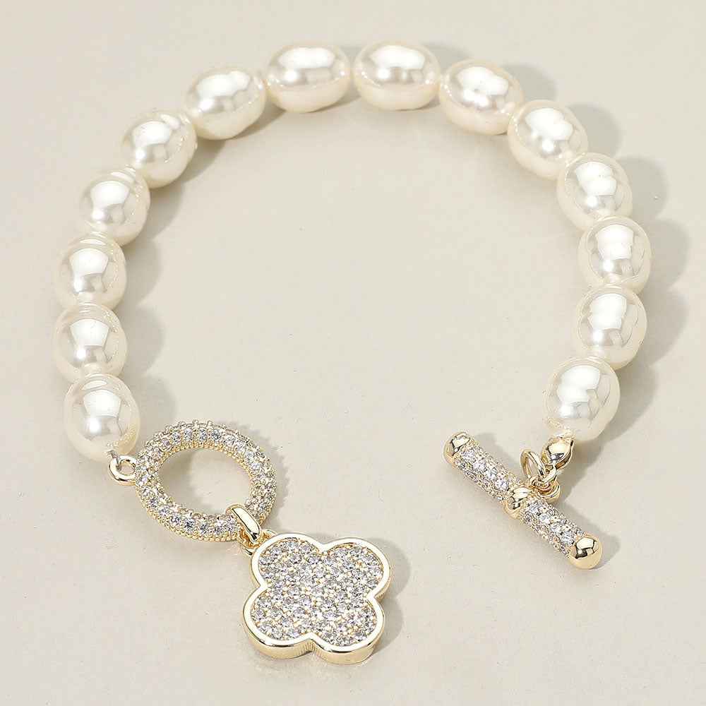 14K Gold Plated CZ Paved Quatrefoil Charm Accent Pearl Bead Bracelet