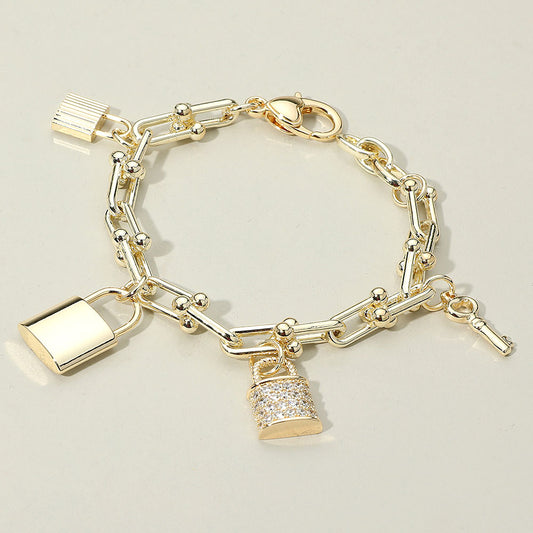 14K Gold Plated CZ Stone Paved Lock Key Charm Station Industrial Chain Link Bracelet