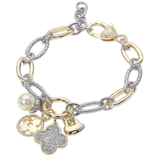 14K Gold Plated Two Tone CZ Quatrefoil Heart Pearl Charm Accent Bracelet - M H W ACCESSORIES LLC