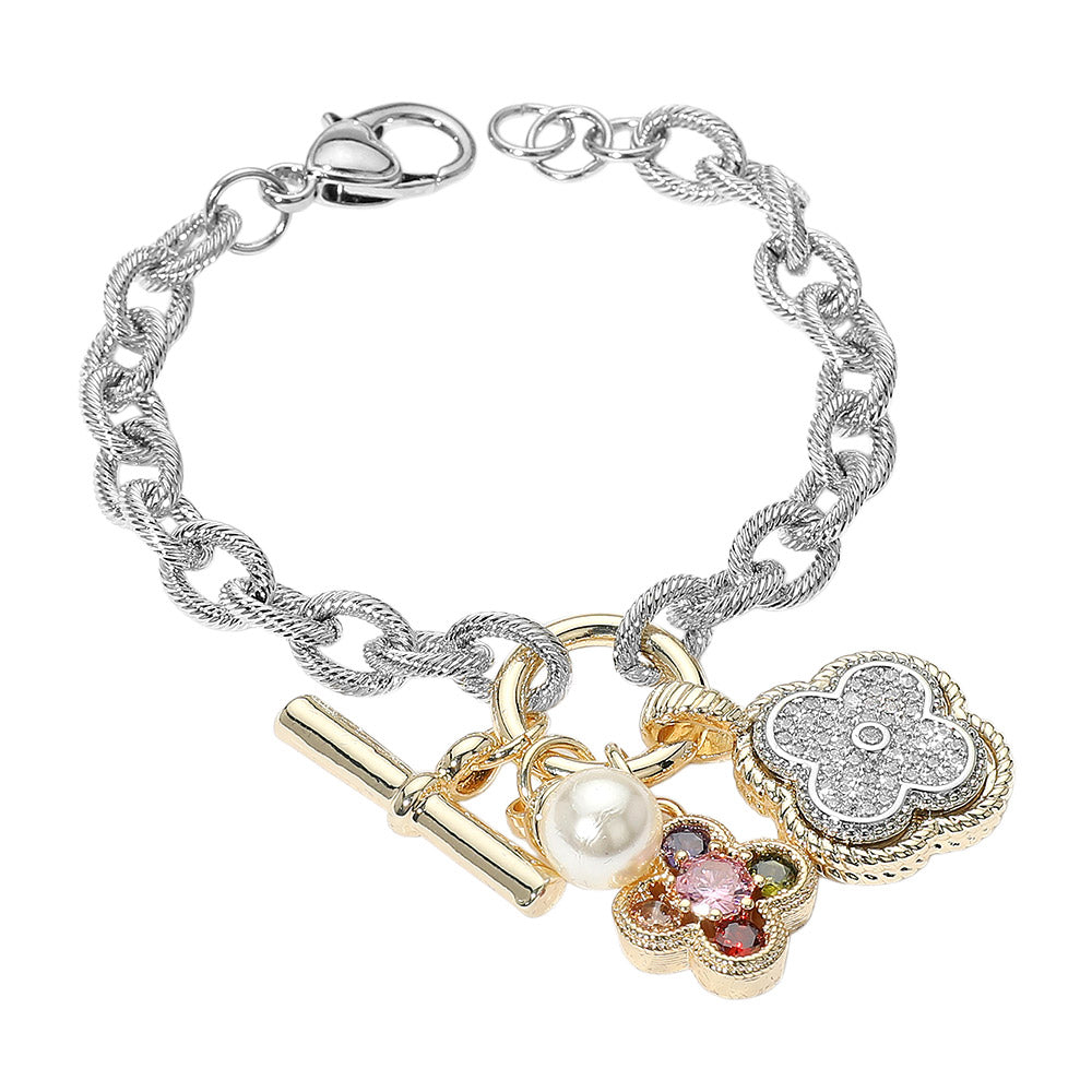 14K Gold Plated Two Tone CZ Paved Quatrefoil Cluster Pearl Charm Accent Bracelet