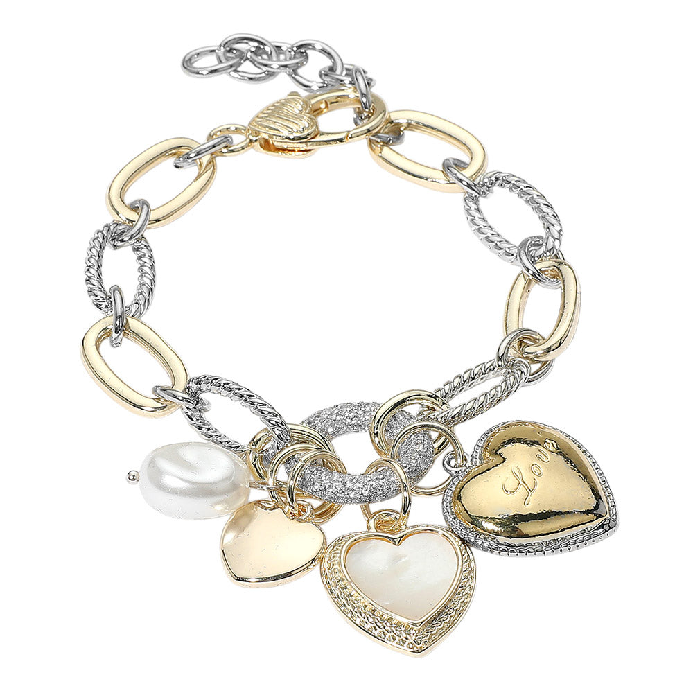 Two Tone 14K Gold Plated CZ  Ring LOVE Message Engraved Mother of Pearl Heart Pearl Charm Pendant Bracelet