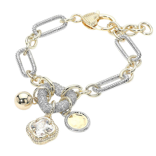 14K Gold Plated Two Tone CZ  Paved Heart Link Quatrefoil Ball Charm Accent Bracelet