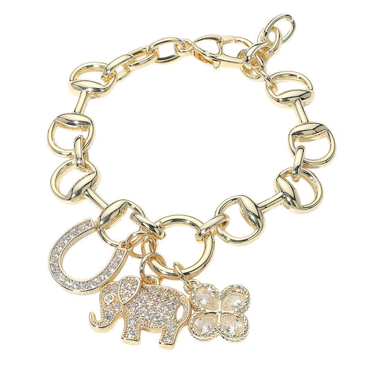 14K Gold Plated CZ Elephant Horseshoe Clover Charm Horsebit Chain Bracelet