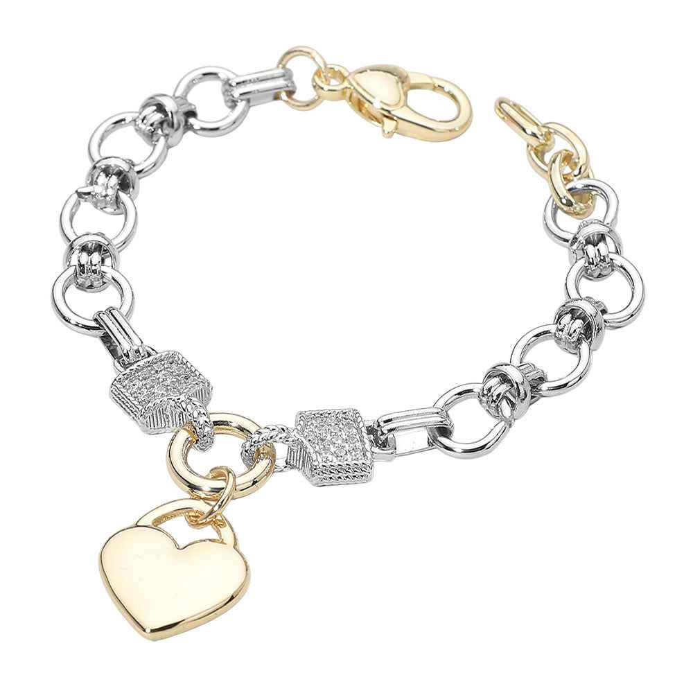 14K Gold Plated Heart Charm Two Tone CZ Paved Accent Link Bracelet