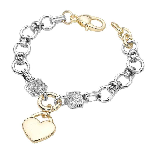 14K Gold Plated Heart Charm Two Tone CZ Paved Accent Link Bracelet