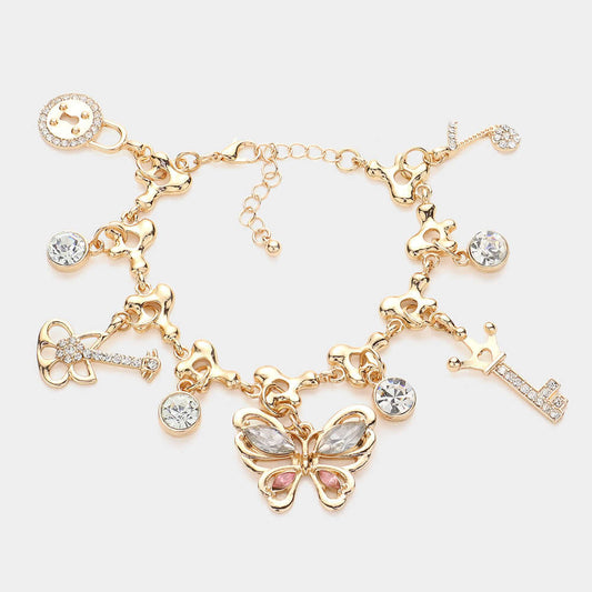 Gold Glass Butterfly Key Lock Music Note Guitar Charm Bracelet - M H W ACCESSORIES LLC