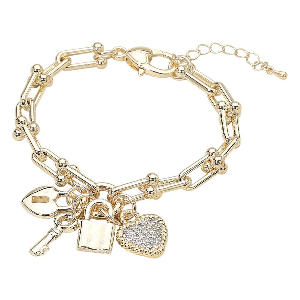 14K Gold Plated CZ Stone Paved Heart Key Lock Charm Industrial Link Chain Bracelet M H W ACCESSORIES LLC 14K Gold Plated CZ Stone Paved Heart Key Lock Charm Industrial Link Chain Bracelet