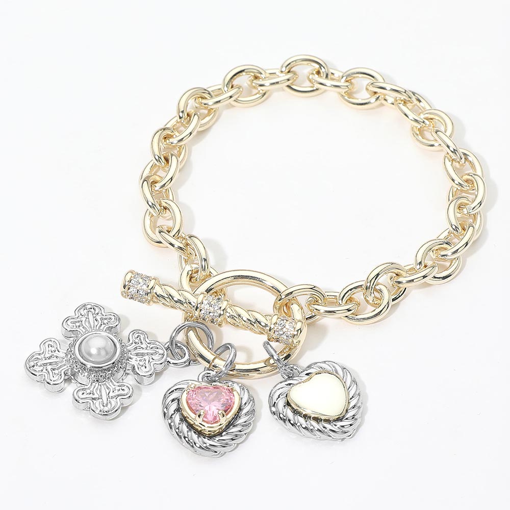 14K Gold Plated CZ Pave Heart Square Cluster Charm Pendant Toggle Bracelet (Copy)