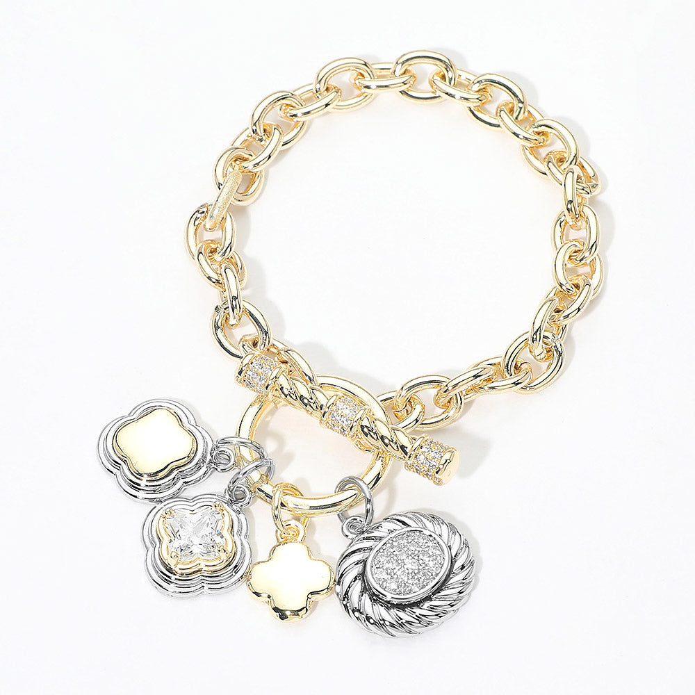 14K Gold Plated Two Tone CZ Quatrefoil Oval Multi Charm Toggle Bracelet