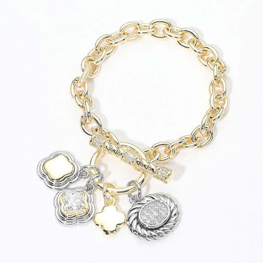 14K Gold Plated Two Tone CZ Quatrefoil Oval Multi Charm Toggle Bracelet