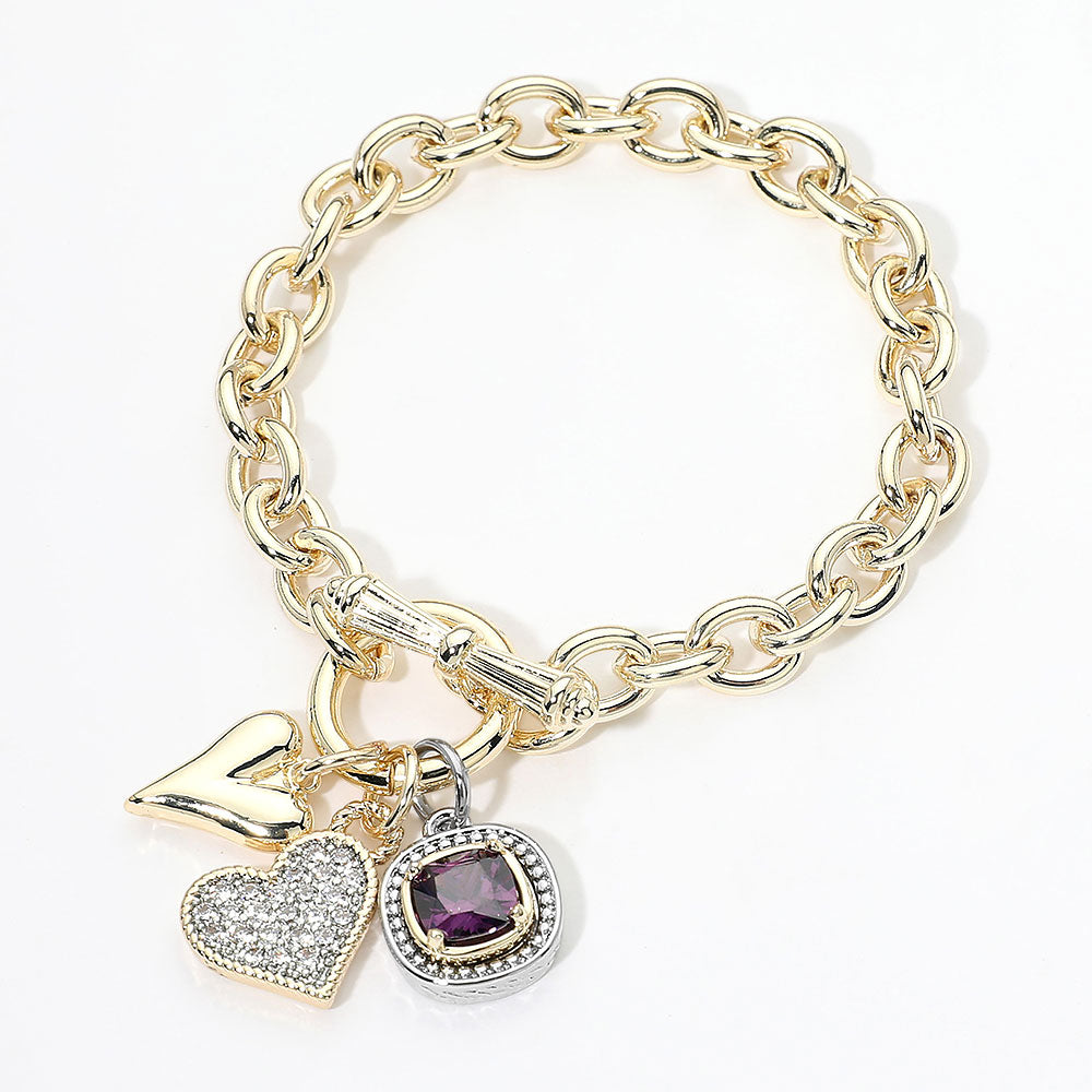 14K Gold Plated CZ Pave Heart Square Cluster Charm Pendant Toggle Bracelet