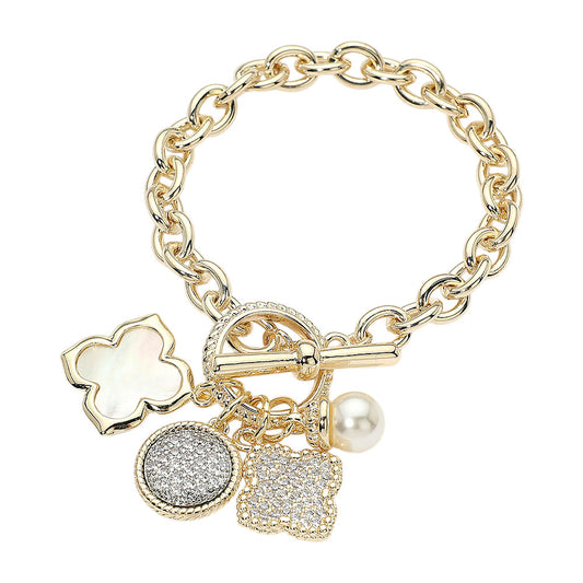 14K Gold Plated CZ Pave Quatrefoil Pearl Floral Charm Toggle Bracelet