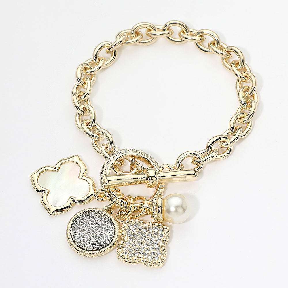 14K Gold Plated CZ Pave Quatrefoil Pearl Floral Charm Toggle Bracelet M H W ACCESSORIES LLC 14K Gold Plated CZ Pave Quatrefoil Pearl Floral Charm Toggle Bracelet