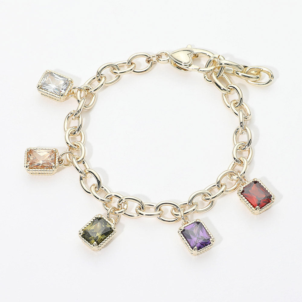 14K Gold Plated Colorful Rectangle CZ Charm Station Bracelet M H W ACCESSORIES LLC 14K Gold Plated Colorful Rectangle CZ Charm Station Bracelet