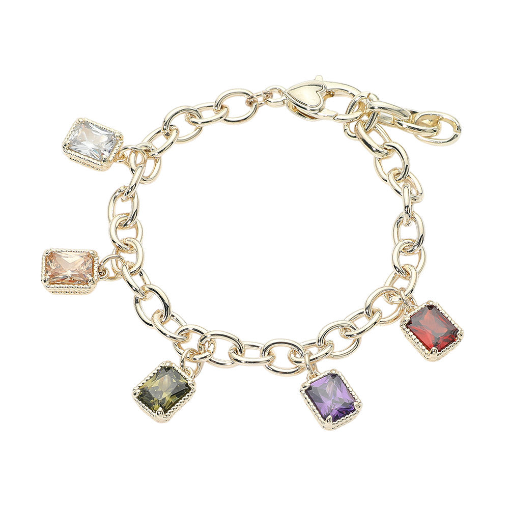 14K Gold Plated Colorful Rectangle CZ Charm Station Bracelet M H W ACCESSORIES LLC 14K Gold Plated Colorful Rectangle CZ Charm Station Bracelet