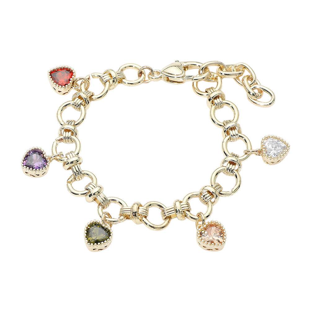 14K Gold Plated Multi-Color CZ Heart Textured Ring Link Toggle Bracelet M H W ACCESSORIES LLC 14K Gold Plated Multi-Color CZ Heart Textured Ring Link Toggle Bracelet