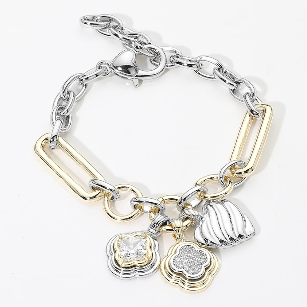 14K Gold Plated Two Tone CZ Quatrefoil Textured Metal Heart Charm Pendant Bracelet M H W ACCESSORIES LLC 14K Gold Plated Two Tone CZ Quatrefoil Textured Metal Heart Charm Pendant Bracelet