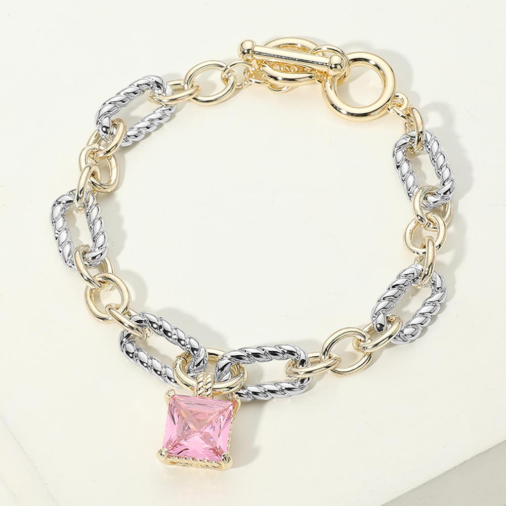 14K Gold Plated Two Tone Square CZ Stone Pendant Mixed Link Bracelet M H W ACCESSORIES LLC 14K Gold Plated Two Tone Square CZ Stone Pendant Mixed Link Bracelet