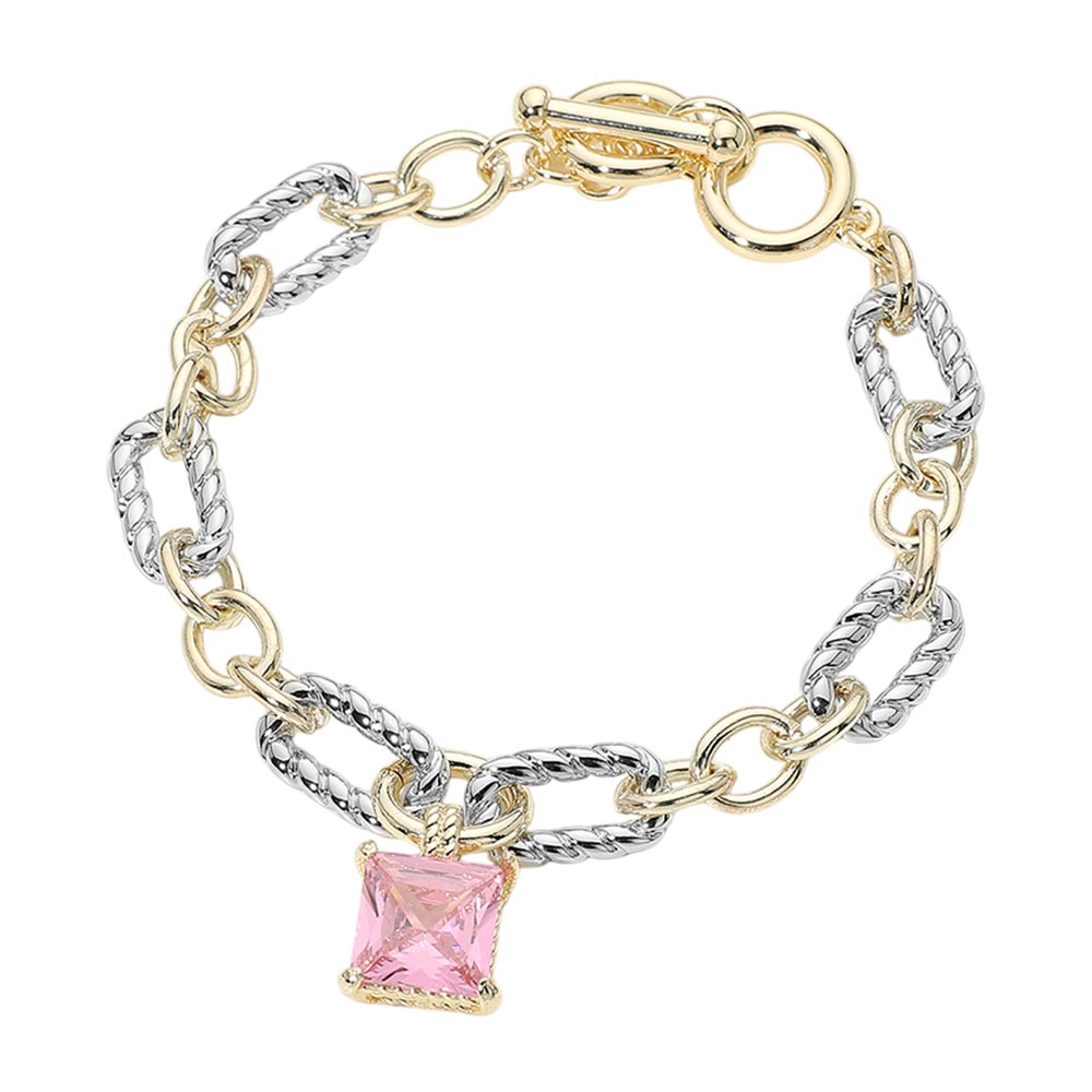 14K Gold Plated Two Tone Square CZ Stone Pendant Mixed Link Bracelet M H W ACCESSORIES LLC 14K Gold Plated Two Tone Square CZ Stone Pendant Mixed Link Bracelet