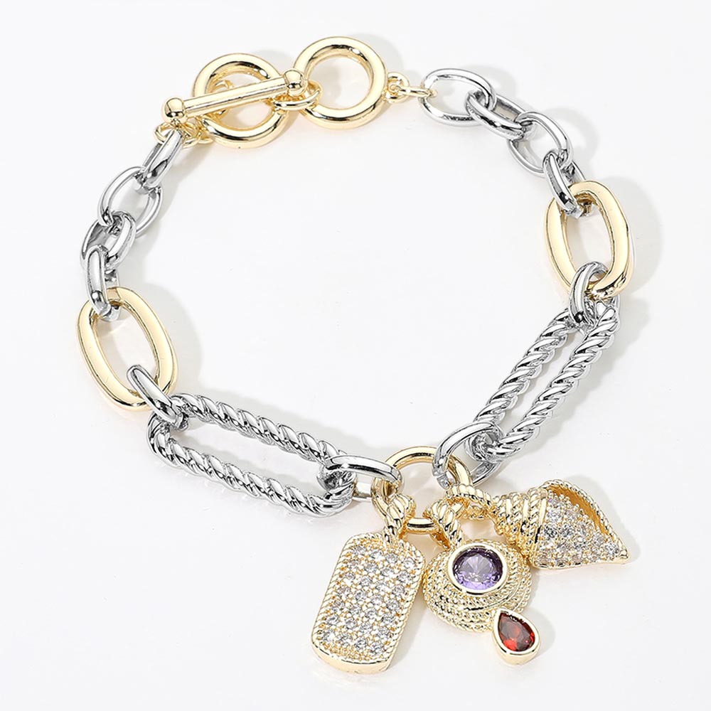 14K Gold Plated Two Tone CZ Dog Tag Conch Shell Charm Bracelet M H W ACCESSORIES LLC 14K Gold Plated Two Tone CZ Dog Tag Conch Shell Charm Bracelet