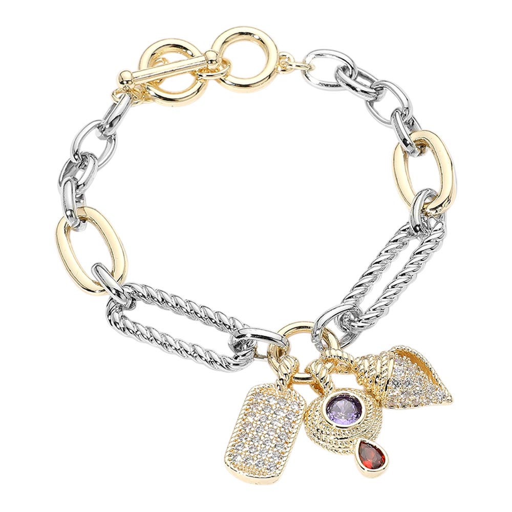 14K Gold Plated Two Tone CZ Dog Tag Conch Shell Charm Bracelet M H W ACCESSORIES LLC 14K Gold Plated Two Tone CZ Dog Tag Conch Shell Charm Bracelet