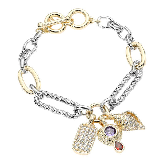 14K Gold Plated Two Tone CZ Dog Tag Conch Shell Charm Bracelet M H W ACCESSORIES LLC 14K Gold Plated Two Tone CZ Dog Tag Conch Shell Charm Bracelet