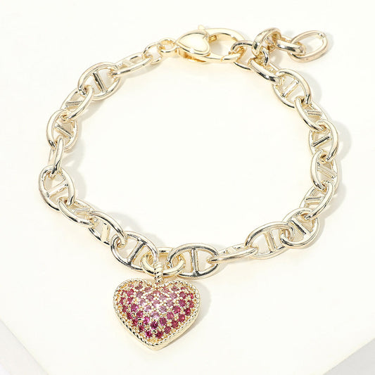 14K Gold Plated CZ Pave Heart Charm Link Bracelet M H W ACCESSORIES LLC 14K Gold Plated CZ Pave Heart Charm Link Bracelet