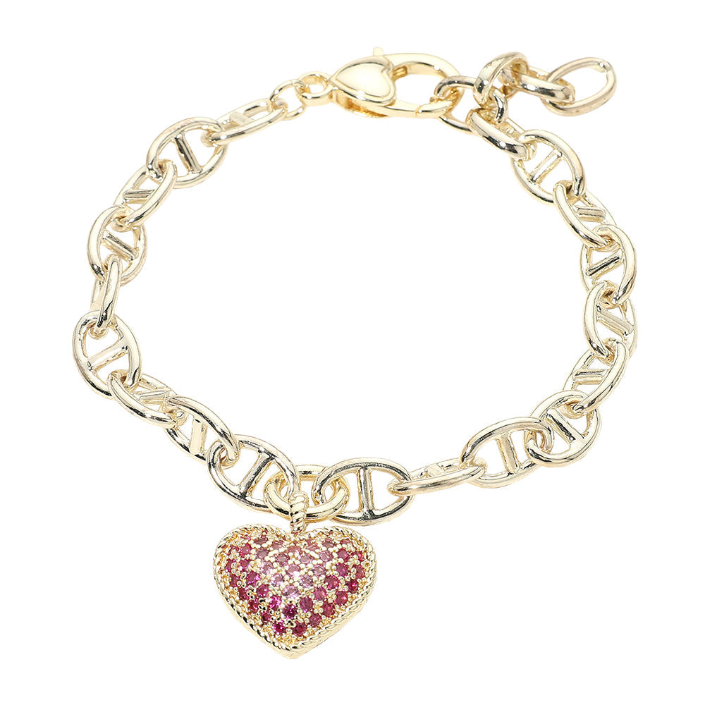 14K Gold Plated CZ Pave Heart Charm Link Bracelet M H W ACCESSORIES LLC 14K Gold Plated CZ Pave Heart Charm Link Bracelet