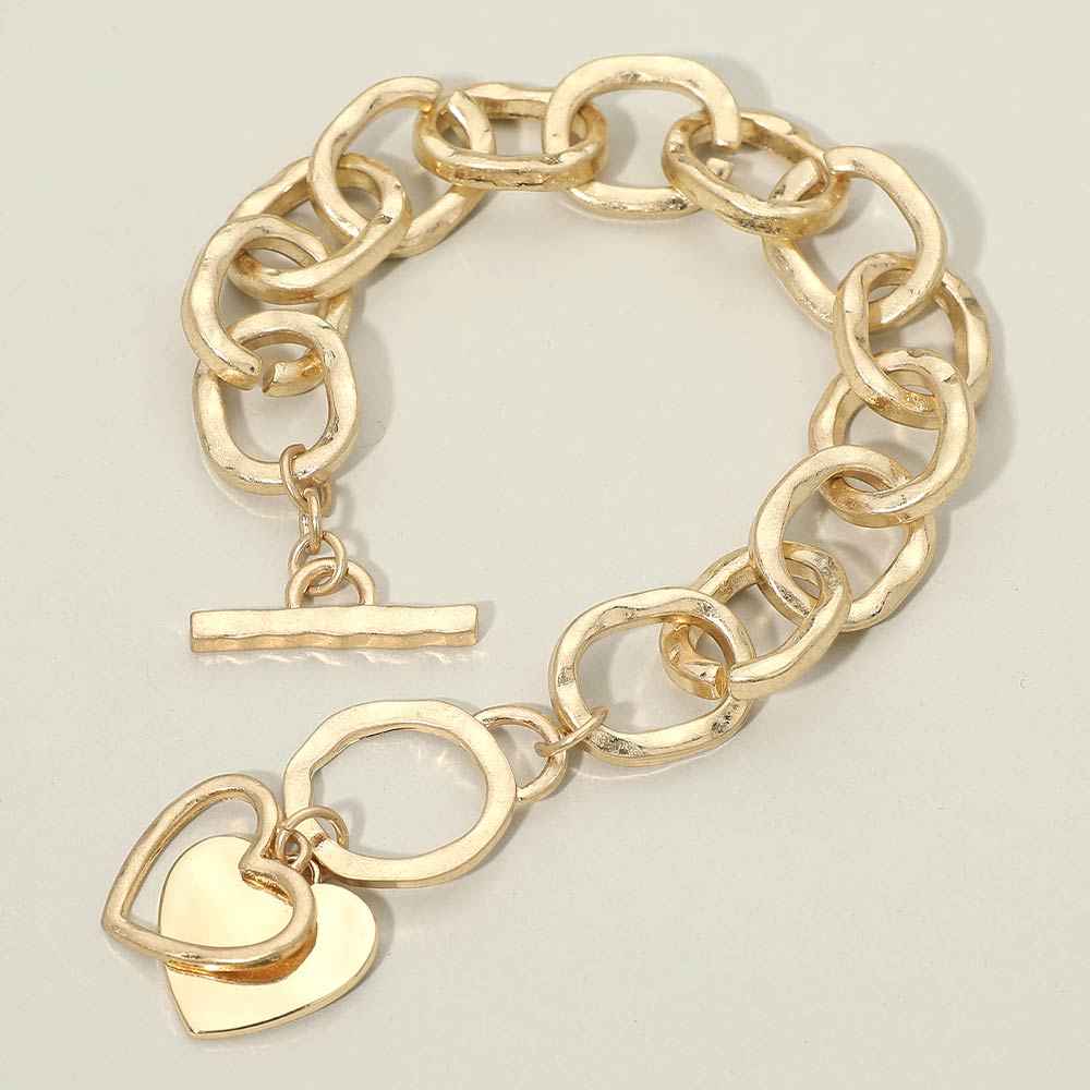 Hammered Layered Heart Charm Chunky Chain Toggle Bracelet