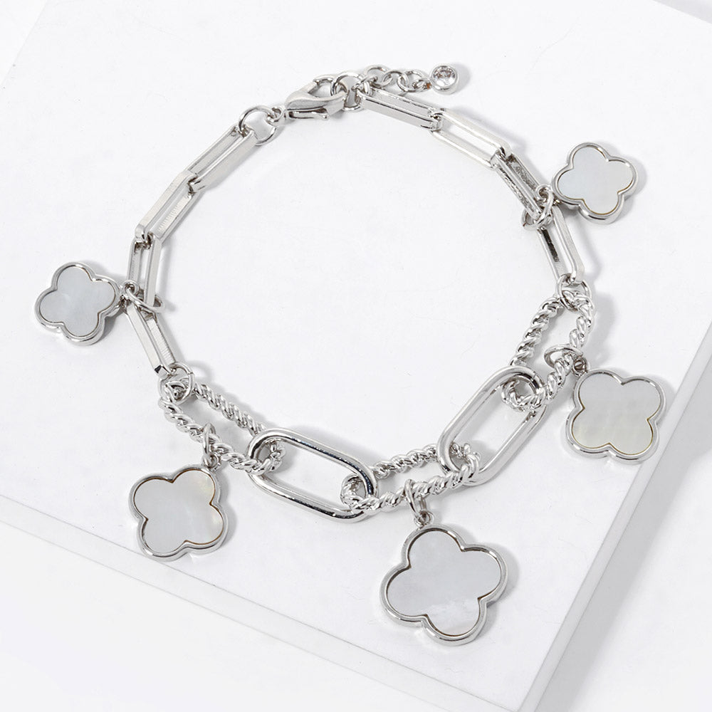White Gold Dipped Mother Of Pearl Quatrefoil Charm Station Chain Bracelet - M H W ACCESSORIES LLC