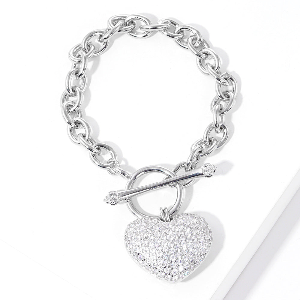 White Gold Dipped Rhinestone Heart Charm Toggle Bracelet-M H W ACCESSORIES - M H W ACCESSORIES LLC