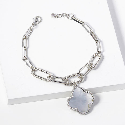 Silver White Gold Dipped Quatrefoil Charm Bracelet - M H W ACCESSORIES LLC