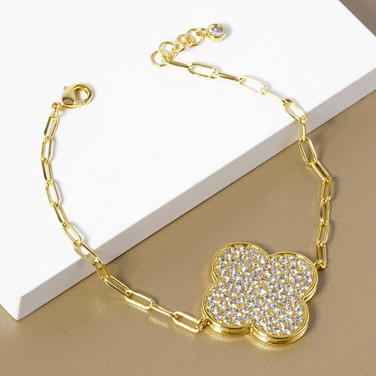 Gold Dipped Quatrefoil Charm Paper Clip Chain Bracelet