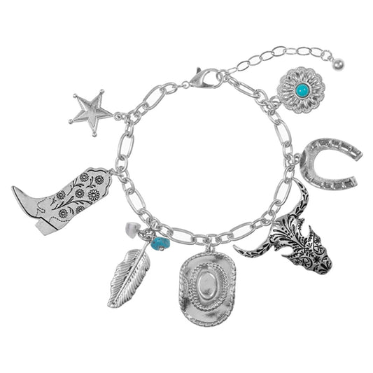 Western Cowboy Boot Hat Steer Head Horseshoe Star Charm Station Bracelet