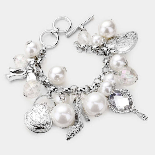 Pearl Metal Bow Bag Stiletto Heel Mirror Heart Charm Toggle Bracelet - M H W ACCESSORIES LLC