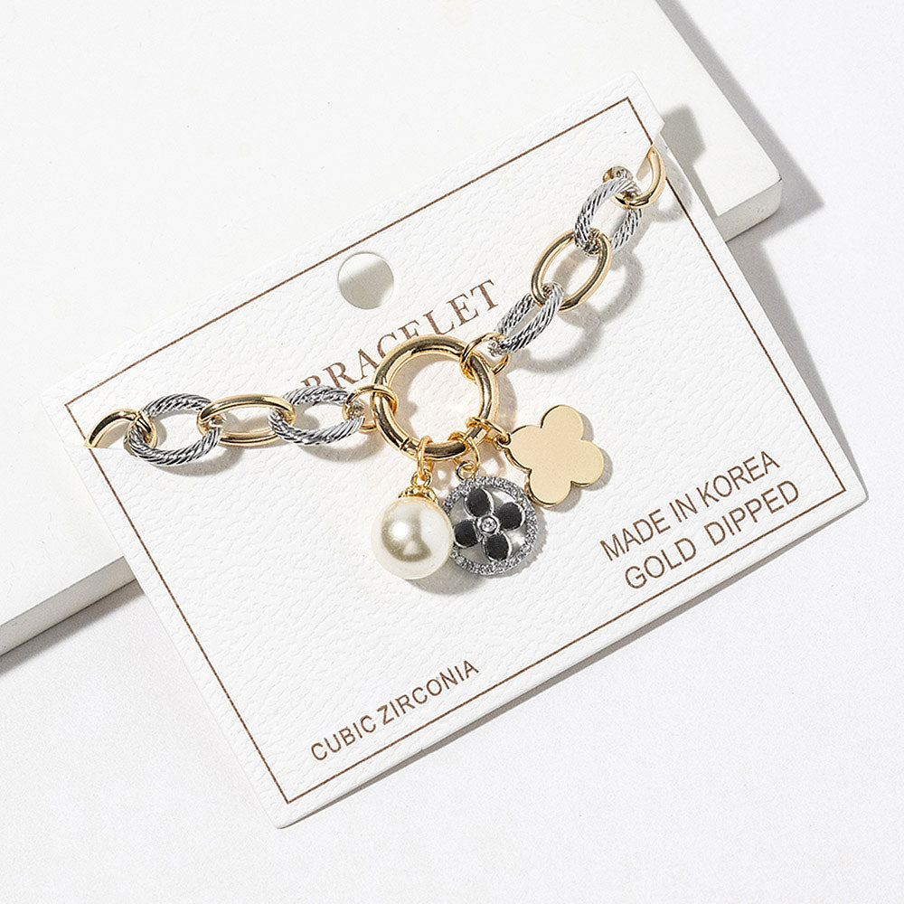 14K Gold Plated CZ Paved Quatrefoil Pearl Metal Heart Pendant Two Tone Chunky Chain Bracelet