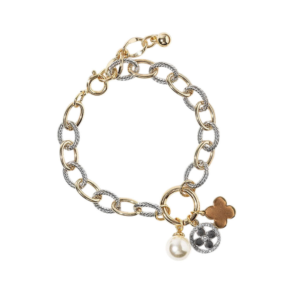 14K Gold Plated CZ Paved Quatrefoil Pearl Metal Heart Pendant Two Tone Chunky Chain Bracelet