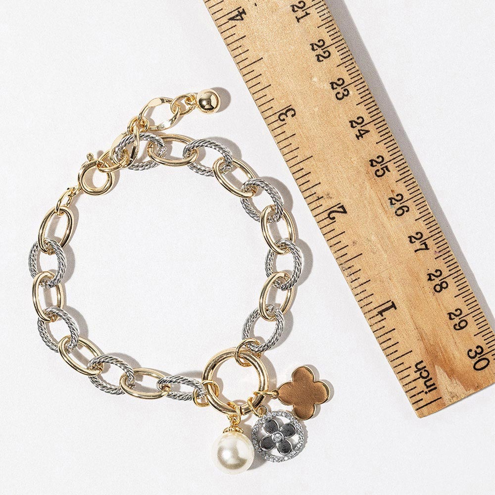 14K Gold Plated CZ Paved Quatrefoil Pearl Metal Heart Pendant Two Tone Chunky Chain Bracelet