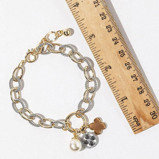 14K Gold Plated CZ Paved Quatrefoil Pearl Metal Heart Pendant Two Tone Chunky Chain Bracelet