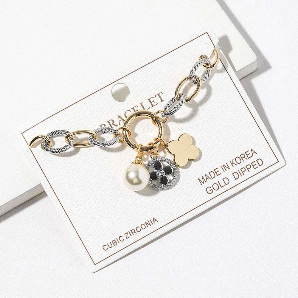 14K Gold Plated CZ Paved Quatrefoil Pearl Metal Heart Pendant Two Tone Chunky Chain Bracelet M H W ACCESSORIES LLC 14K Gold Plated CZ Paved Quatrefoil Pearl Metal Heart Pendant Two Tone Chunky Chain Bracelet