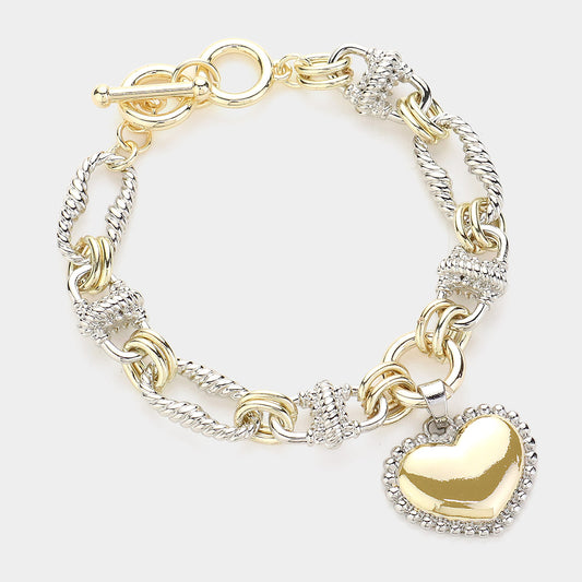 14K Gold Plated Heart Charm Texture Metal Link Toggle Bracelet - M H W ACCESSORIES LLC