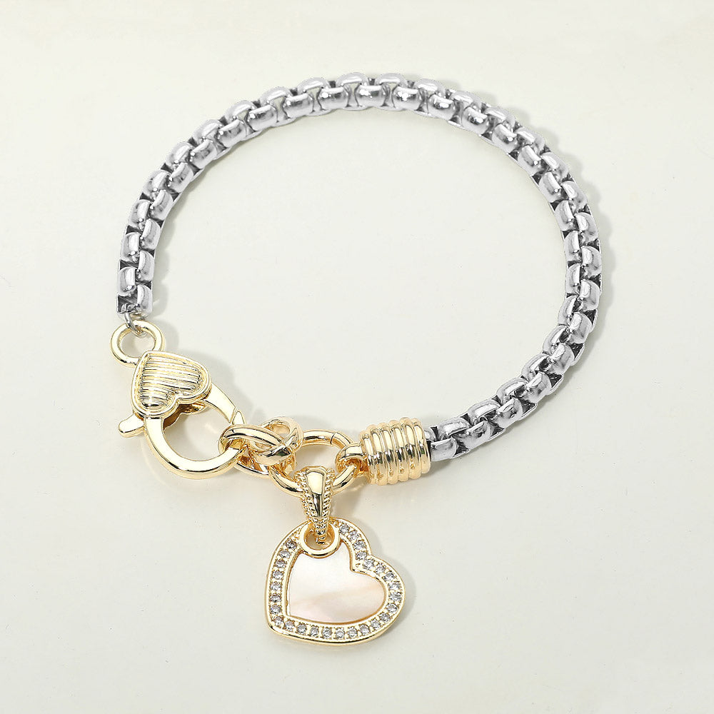 14K Gold Plated Two Tone CZ Stone Paved Mother of Pearl Heart Pendant Bracelet